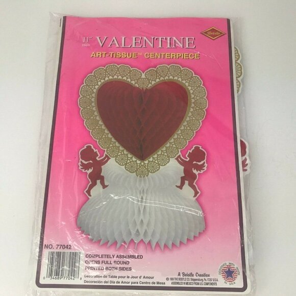 Vintage 80s Beistle Valentine Heart Cupid Art Tissue Honeycomb Centerpiece x 2 - Picture 2 of 12